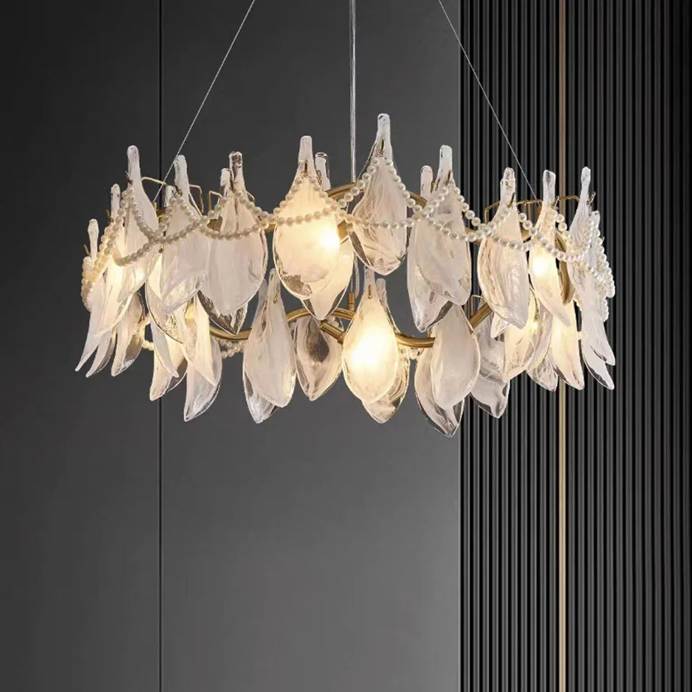 Afralia™ Modern Gold Pearl Glass Blade Chandelier, Living Room Decorative Ceiling Light Fixture