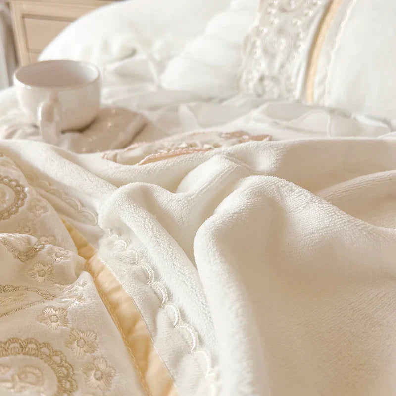 Afralia™ Velvet Fleece Princess Bedding Set with French Pleat Lace Ruffles, Plush & Warm