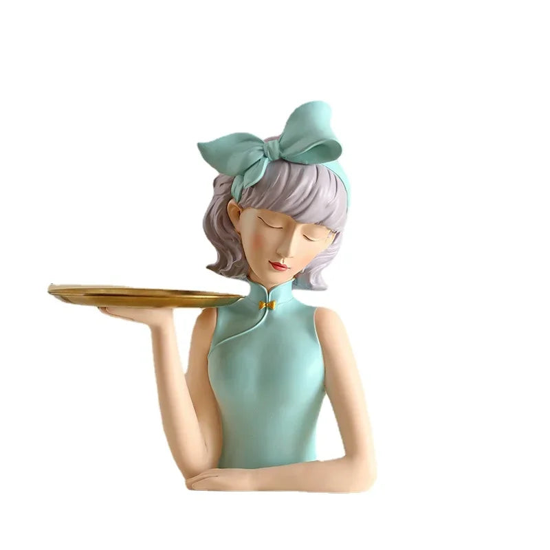 Afralia™ Modern Bow Girl Decorative Storage Tray and Figurine for Home Entrance Ornament