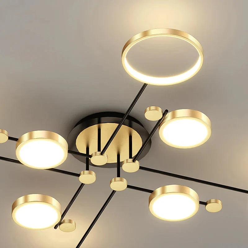 Afralia™ Modern LED Chandelier Gold Black Ceiling Light Dimmable Remote Control Nordic Style