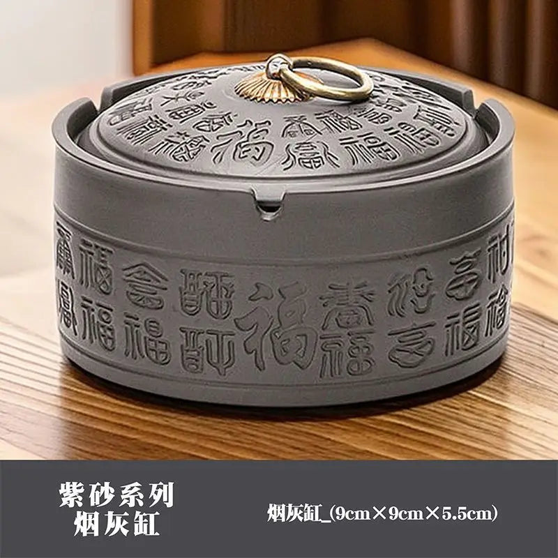 Afralia™ Retro Ceramic Ashtray with Cover - Blessing Character Decor, Portable Home Gift.