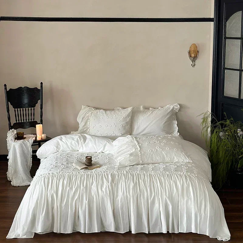 Afralia™ Pleat Cotton Bedding Set White King Queen Twin Double Duvet Cover