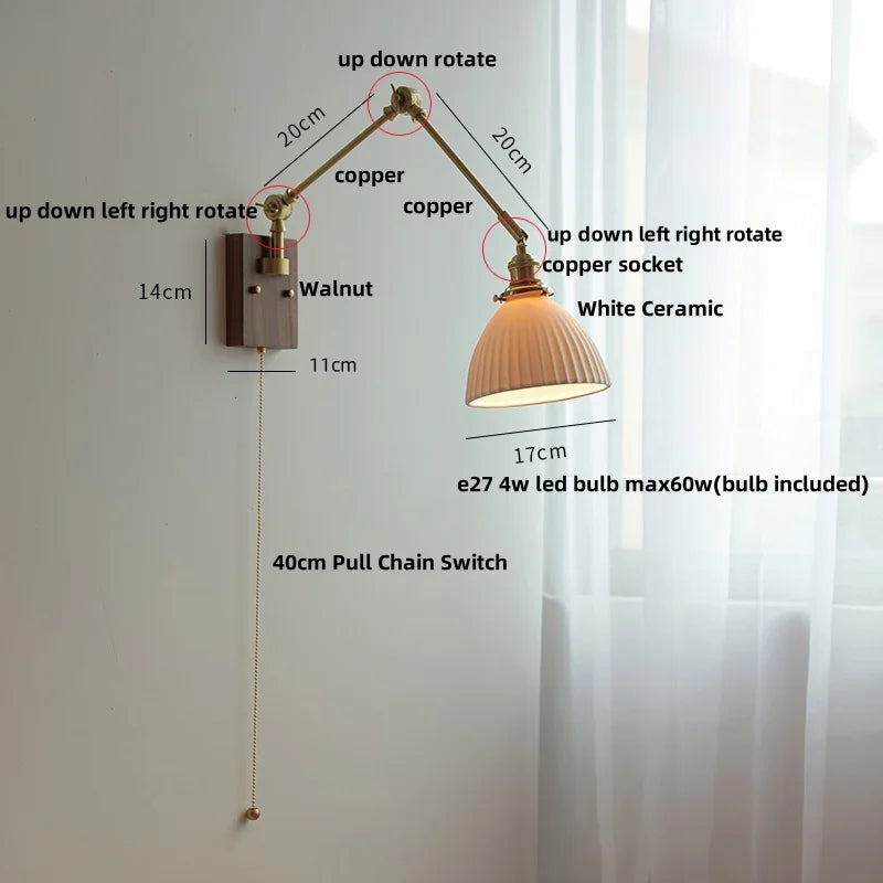 Afralia™ Rotatable 2 Swing Arms LED Wall Lamps, Walnut Wood Nordic Modern Ceramic Stair Light