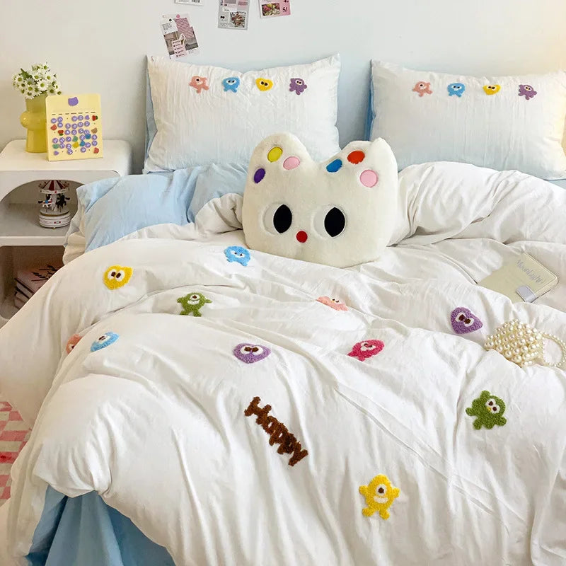 Afralia™ Cartoon Towel Embroidery Bedding Set in Soft Washed Cotton for Kids
