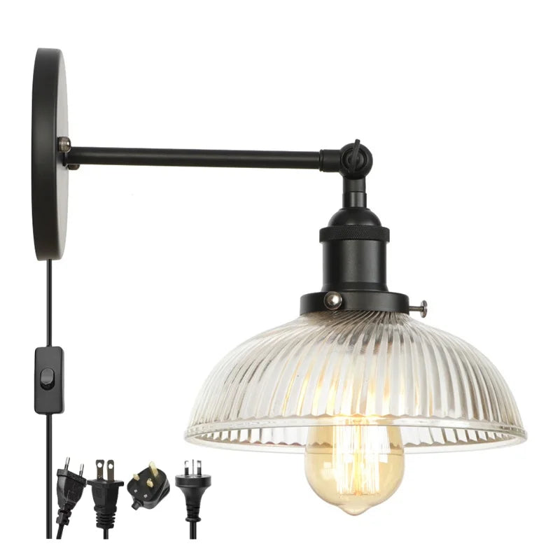 Afralia™ Black LED Wall Lamp Vintage Style Iron Bedside Light Glass Wall Sconce