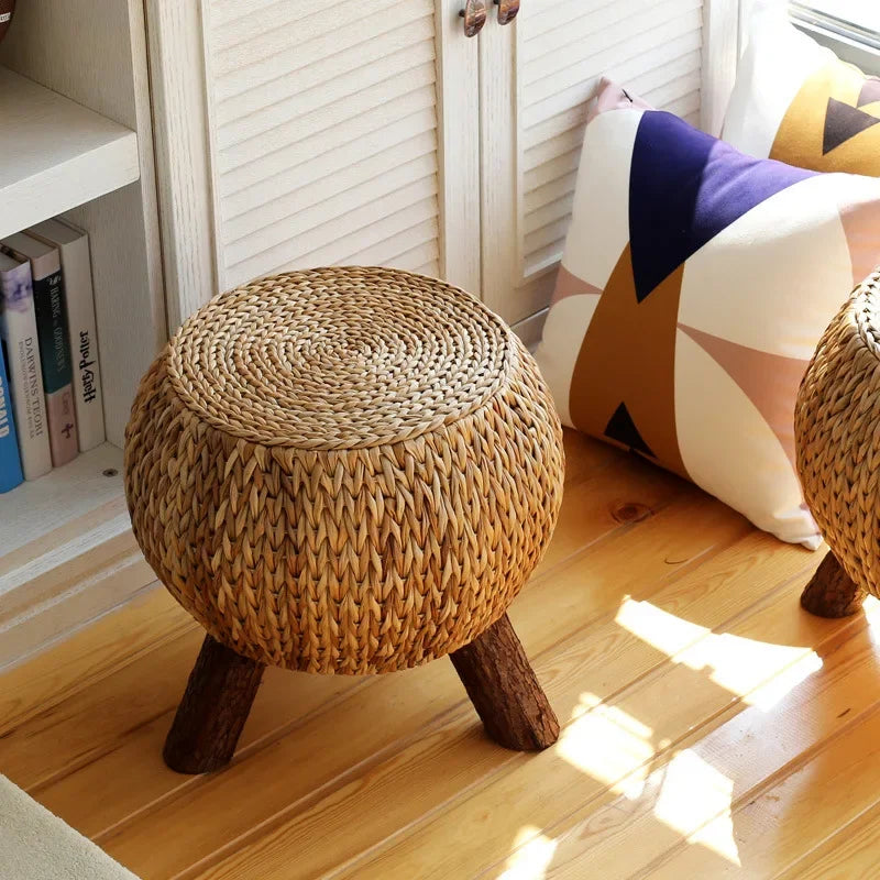 Afralia™ Rustic Rattan Handmade Round Footstool Ottoman: Multi-functional, Portable, Comfortable Wood Footrest