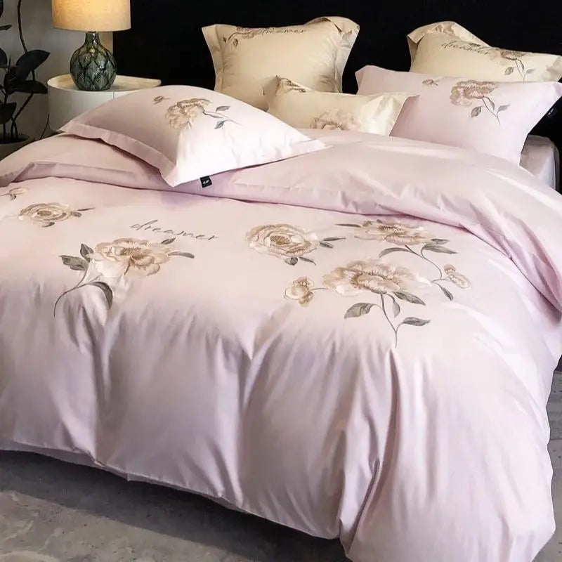 Afralia™ Flowers Embroidery Cotton Bedding Set Duvet Cover Flat Sheet Pillowcases 4Pcs