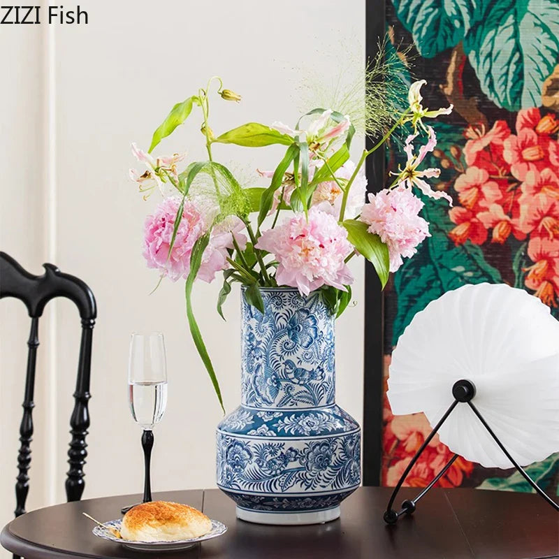 Blue & White Porcelain Vase with Flower & Bird Patterns by Afralia™: Elegant Table Decoration & Plant Pot