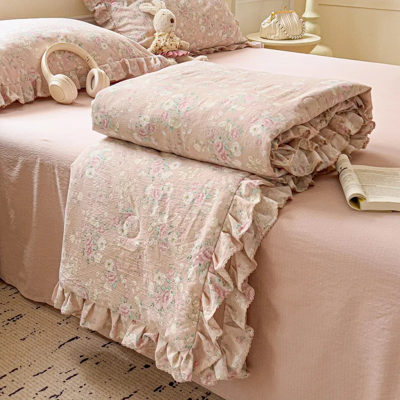 Afralia™ Korean Cotton Patchwork Quilt with Lace and Ruffle for Summer