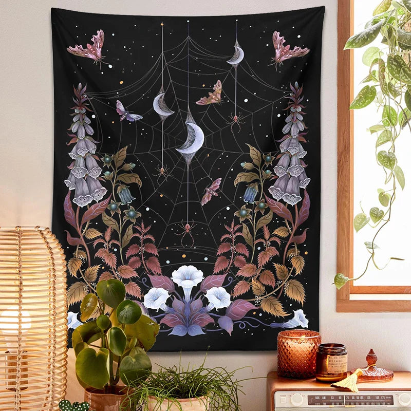 Afralia™ Witch Garden Tapestry Wall Hanging Moon Moth Tarot Psychedelic Decor