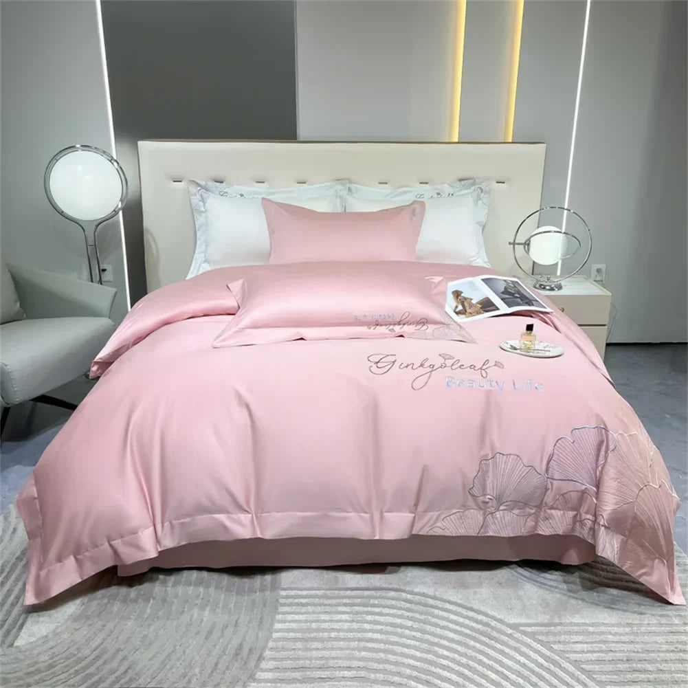 Afralia™ 1200TC Embroidery Egyptian Cotton Bedding Set 4pcs King Queen Solid Sheet Duvet Cover