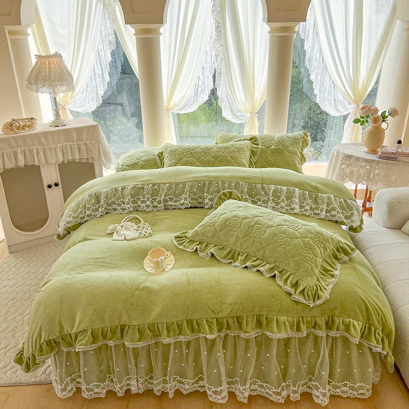 Afralia™ Velvet Princess Lace Ruffles Bedding Set - 4pcs Luxury Solid Color