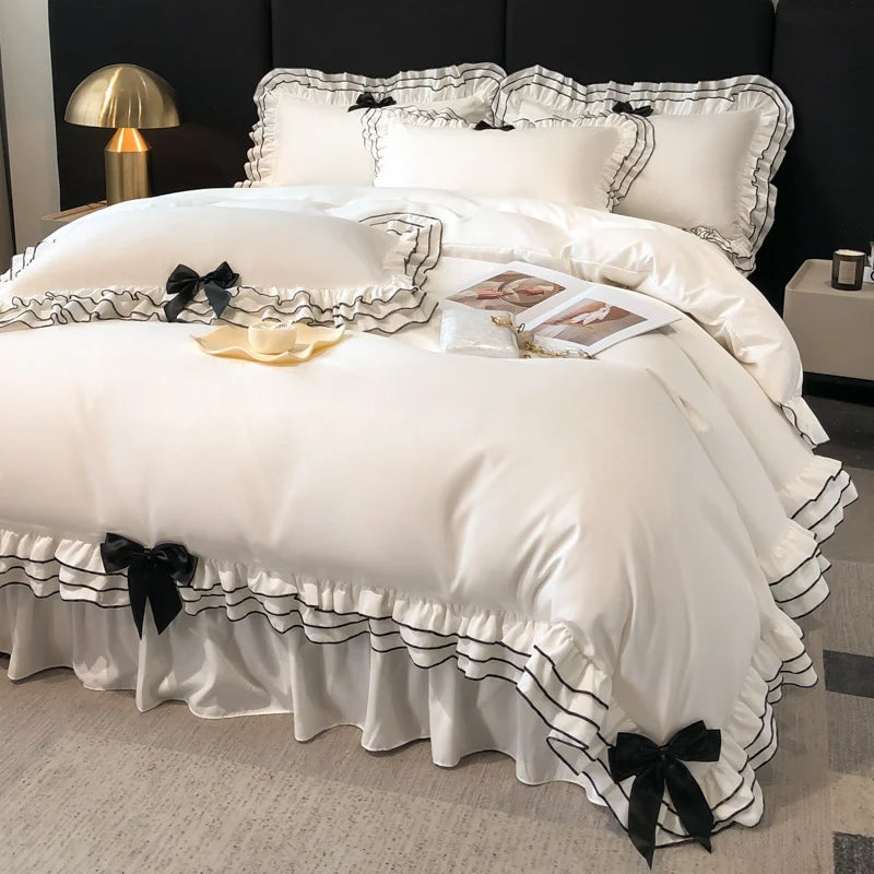 Afralia™ Korean Lace Ruffles Bedding Set with Black Bow Accent