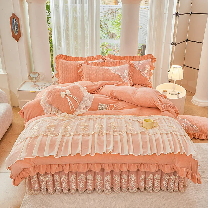 Afralia™ Princess Burgundy Red Velvet Bedding Set - Duvet Cover, Bed Skirt, Bedspread, Pillowcases