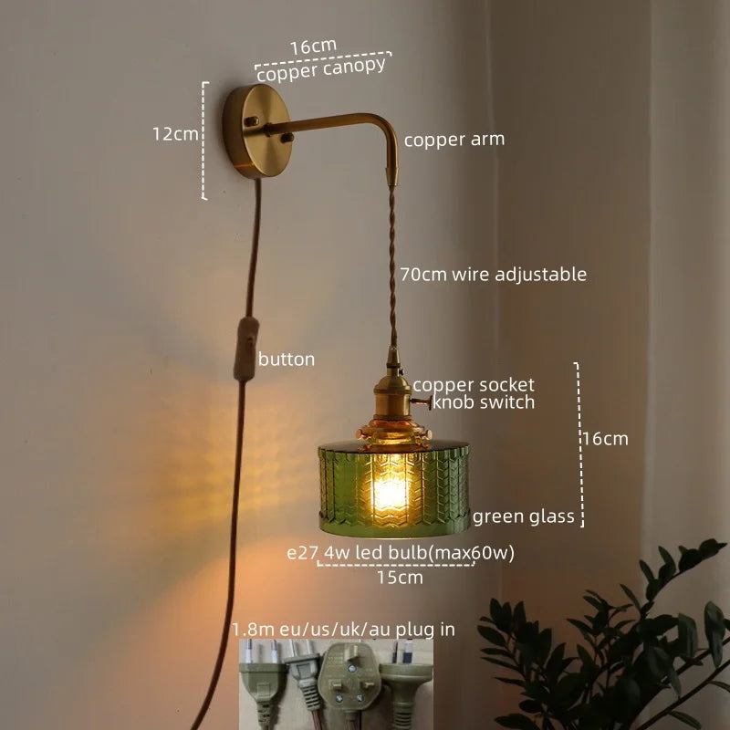 Afralia™ Vintage Green Glass Copper LED Wall Lights Pull Chain Switch Hallway Bedroom Balcony Wall Lamp