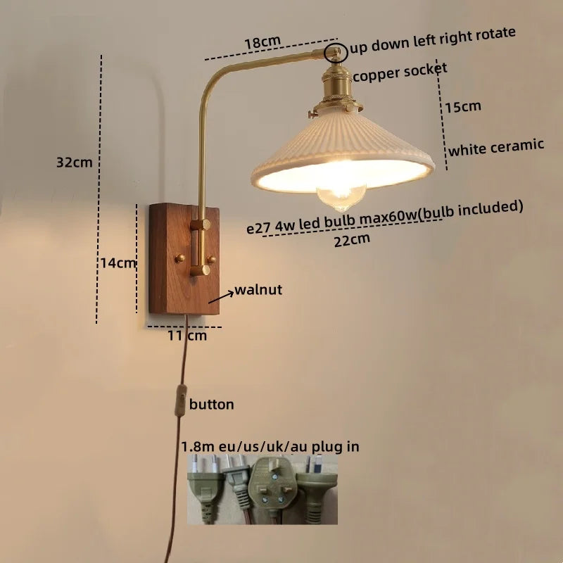 Afralia™ Glass Walnut LED Wall Lamp with Pull Chain Switch - Modern Home Decor
