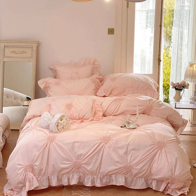 Afralia™ Korean Princess Style Pure Cotton Bedding Set with Ruffles and Heart Pleat
