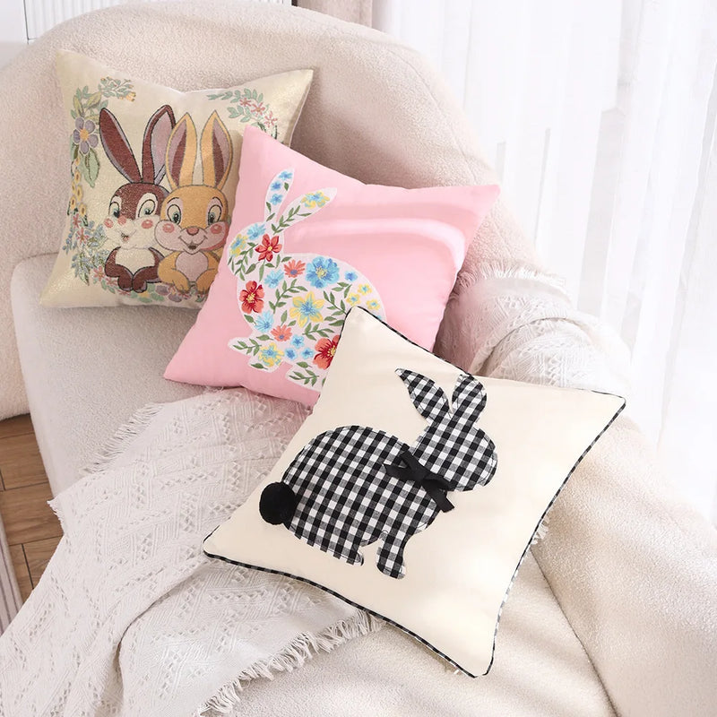 Afralia™ Bunny Cushion Cover Pink White Floral Embroidered Easter Home Sofa Decoration