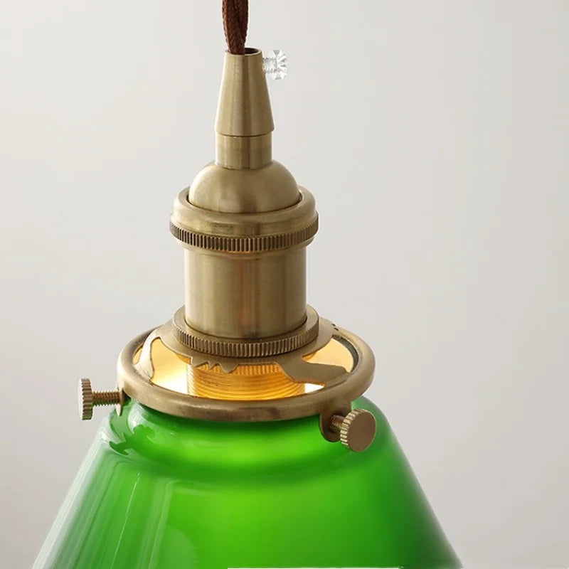 Afralia™ Copper Canopy LED Pendant Light Fixture Green Glass Hanging Lamp