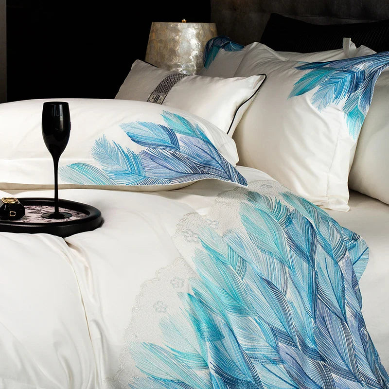 Afralia™ Luxury Feather Embroidery Bedding Set in 1000TC Egyptian Cotton, Queen King Size