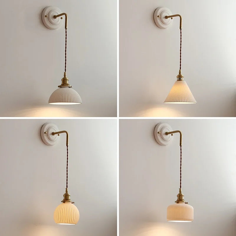 Afralia™ Small Pleats Ceramic LED Wall Light for Bedroom Stair Bathroom with Copper Arm