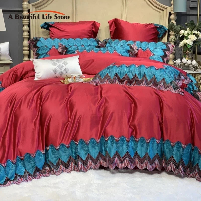 Afralia™ Red 1000TC Egyptian Cotton Lace Bedding Set - Duvet Cover & Pillowcases