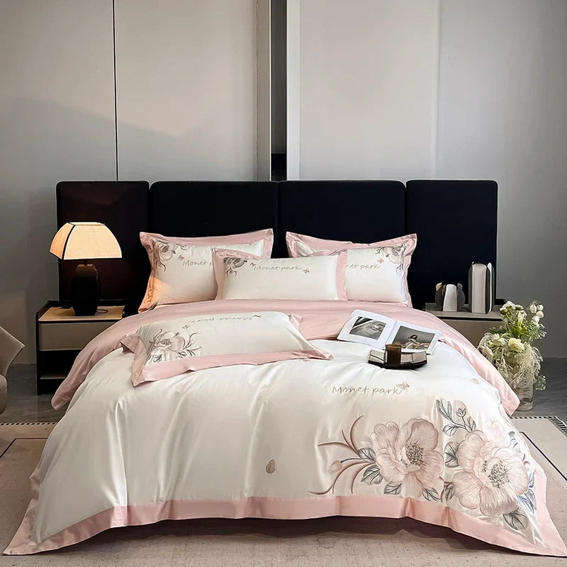 Afralia™ Pink Flowers Embroidery Cotton Luxury Bedding Set: Duvet, Sheet, Pillowcases - 4Pcs