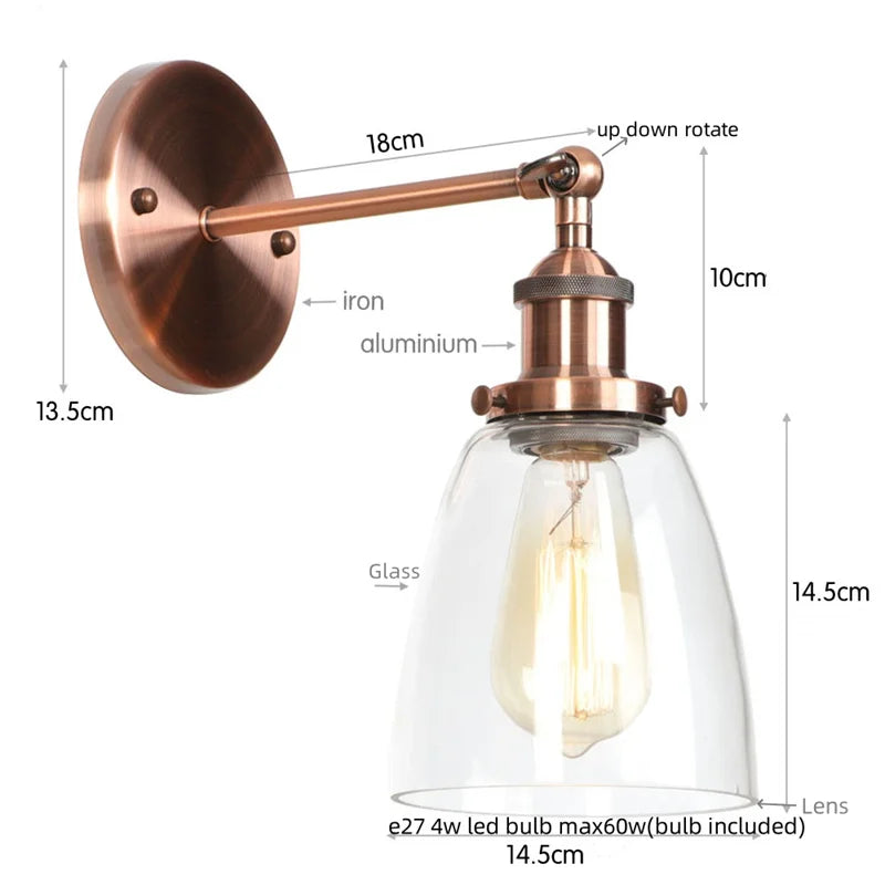 Afralia™ Vintage Single Arm LED Wall Lamp Iron Glass Retro Stair Light