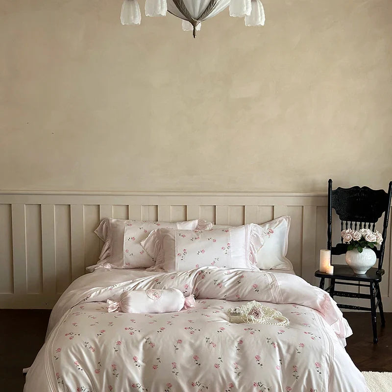 Afralia™ Vintage Rose Print Lace Ruffles 4-Piece Bedding Set