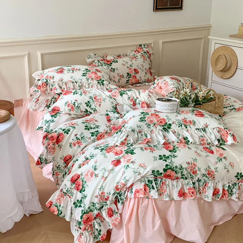 Afralia™ French Vintage Rose Print Bedding Set with Lace Ruffles and Linen Details