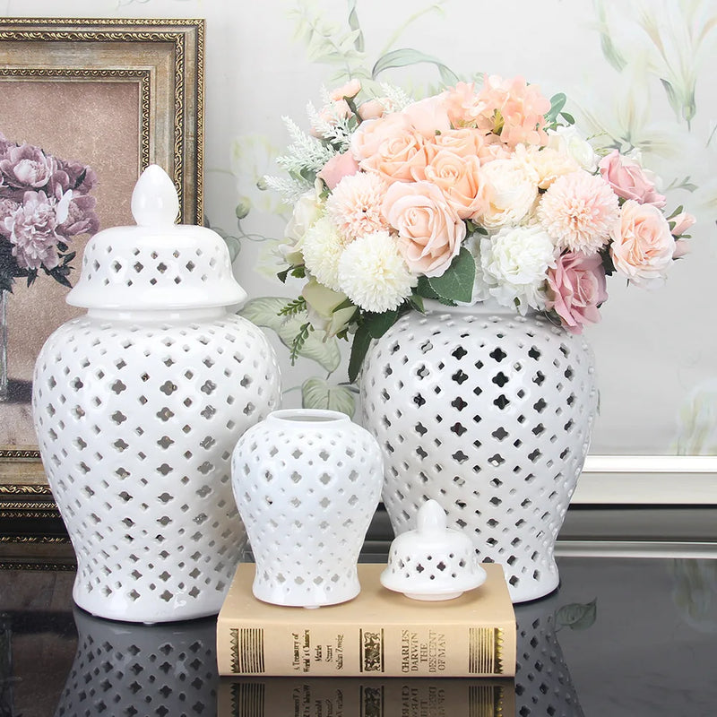 Afralia™ White Hollow General Jar - Ceramic Ornamental Storage Vase with Lid