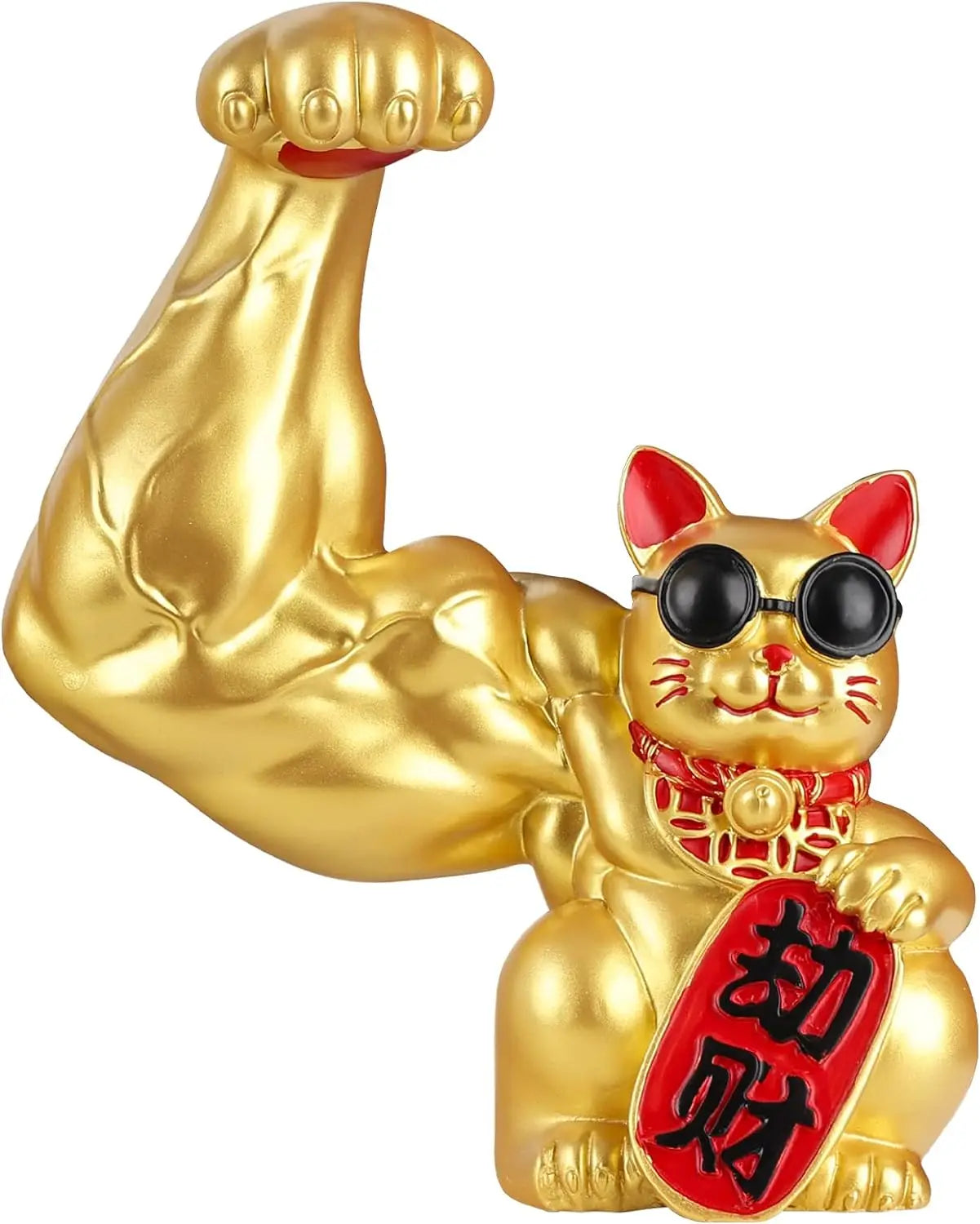 Afralia™ Large Muscle Arm Fortune Cat Resin Sculpture Home Decor Statue