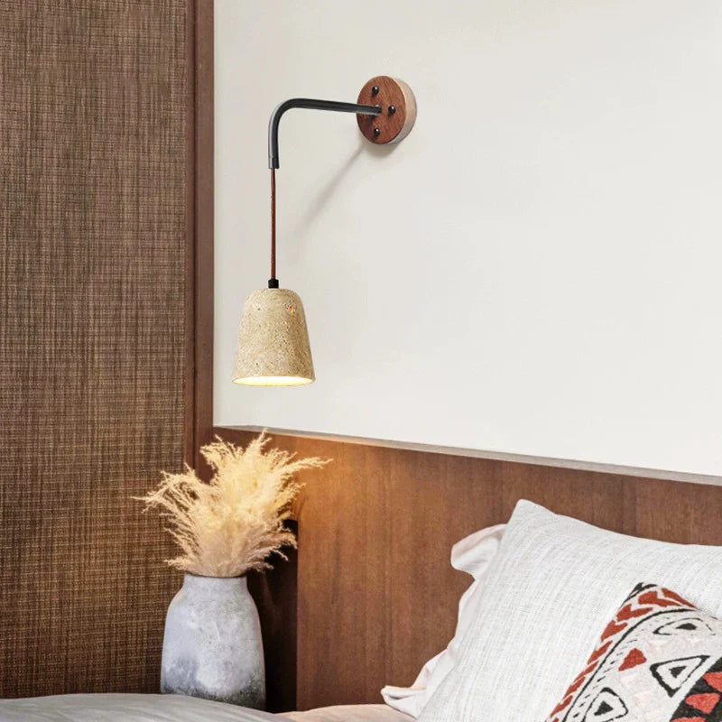 Afralia™ Retro Style Stone Wall Lamp Yellow Wood Cream Vintage Hanging Light