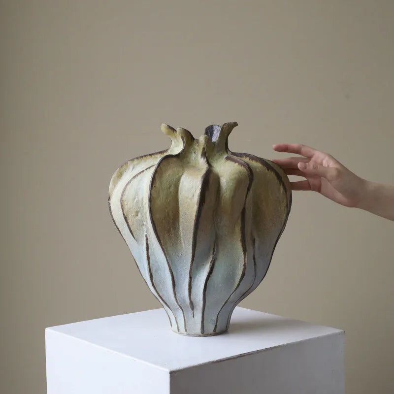 Afralia™ Pleated Ceramic Vase Handmade Porcelain Flower Bud Shape Home Decoration