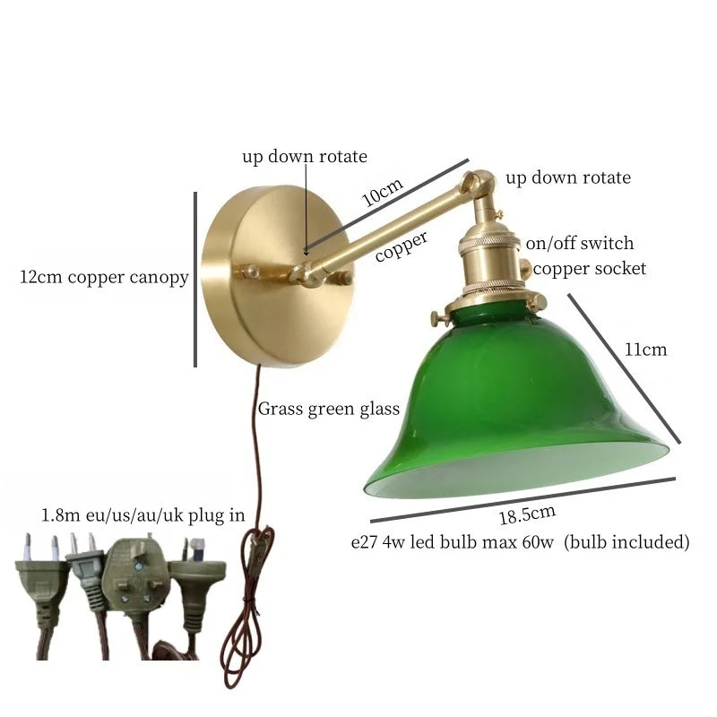 Afralia™ Green Glass LED Wall Sconce, Pull Chain Switch, for Bedside, Bathroom, Living Room