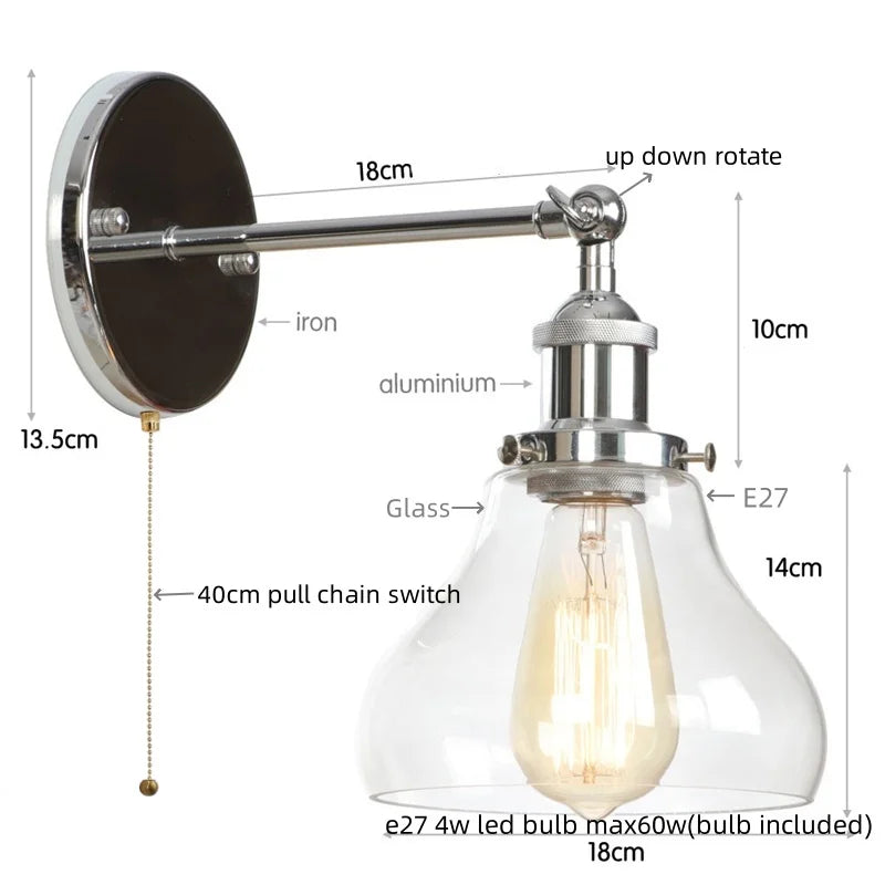Afralia™ Red Bronze LED Wall Lamp with Pull Chain Switch and Clear Glass