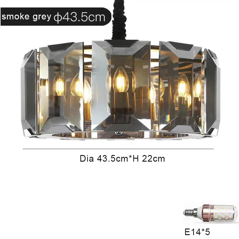 Afralia™ Smoke Grey LED Pendant Light for Living Room - Amber Crystal Lustre Chandelier