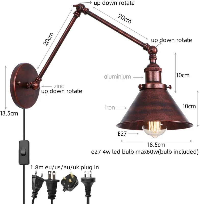 Afralia™ Iron LED Wall Lamp Pull Chain Switch Industrial Vintage Loft Stair Light
