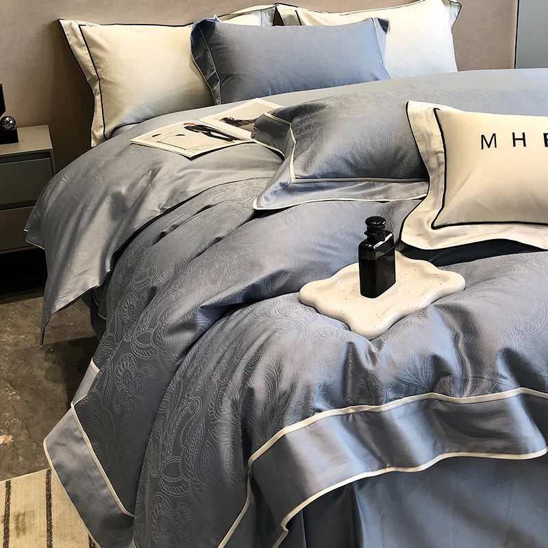 Afralia™ Jacquard Satin & Egyptian Cotton Patchwork Bedding Set - 4pcs