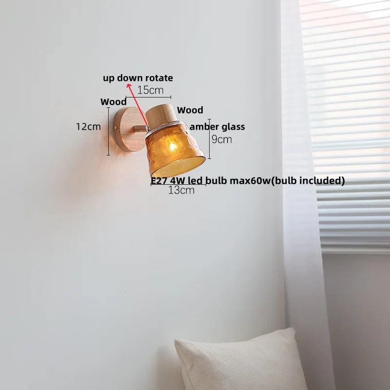 Afralia™ Amber Glass LED Wall Sconce Nordic Modern Wood Pull Chain Switch Stair Light