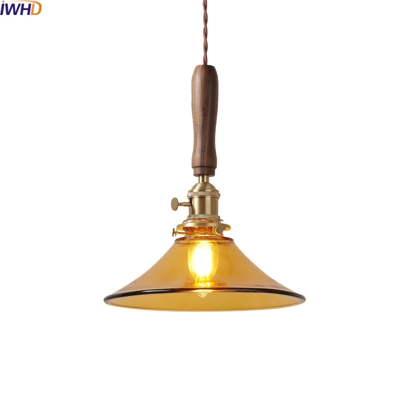 Afralia™ Amber Glass LED Pendant Light with Walnut Handle for Dining Living Room