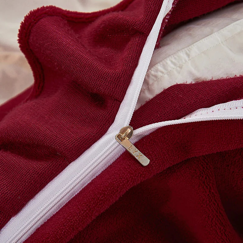 Afralia™ Princess Burgundy Red Velvet Bedding Set - Duvet Cover, Bed Skirt, Bedspread, Pillowcases