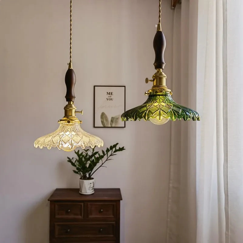 Afralia™ Japanese Style Green Glass LED Pendant Chandelier for Home Decor