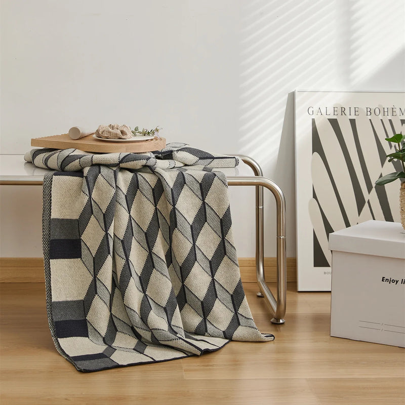Afralia™ 3D Cube Cotton Knitted Plaid Blanket - Soft and Cozy Nordic Bedspread