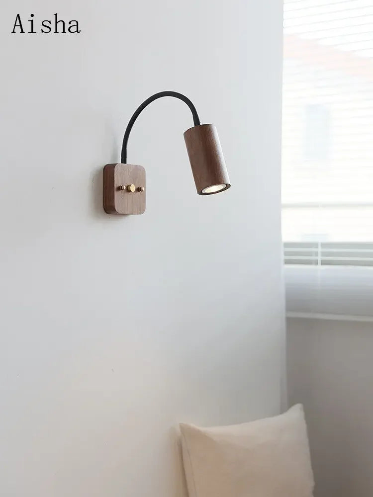 Afralia™ Retro Walnut Wood Wall Lamp for Home LED Sconces Study Bedroom Rocker Arm Wall Light