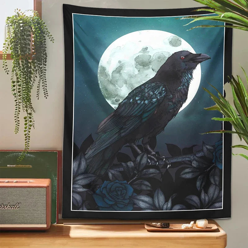 Afralia™ Raven & Moon Gothic Tapestry Wall Hanging for Dark Rose Bird Lover Room