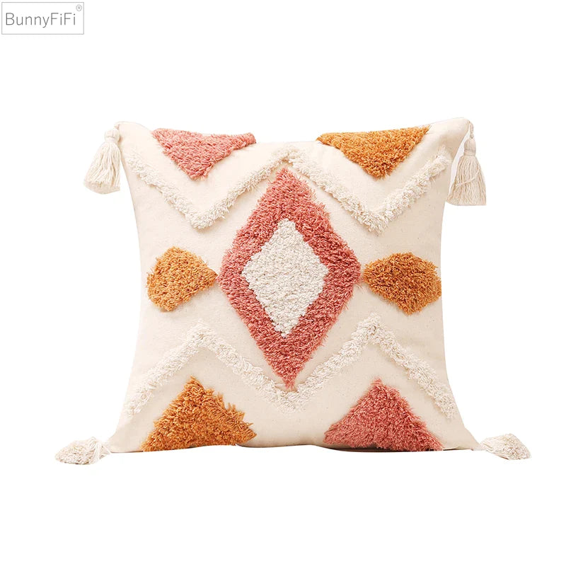 Afralia™ Tufted Orange Ivory Boho Tassel Cushion Cover 45x45cm