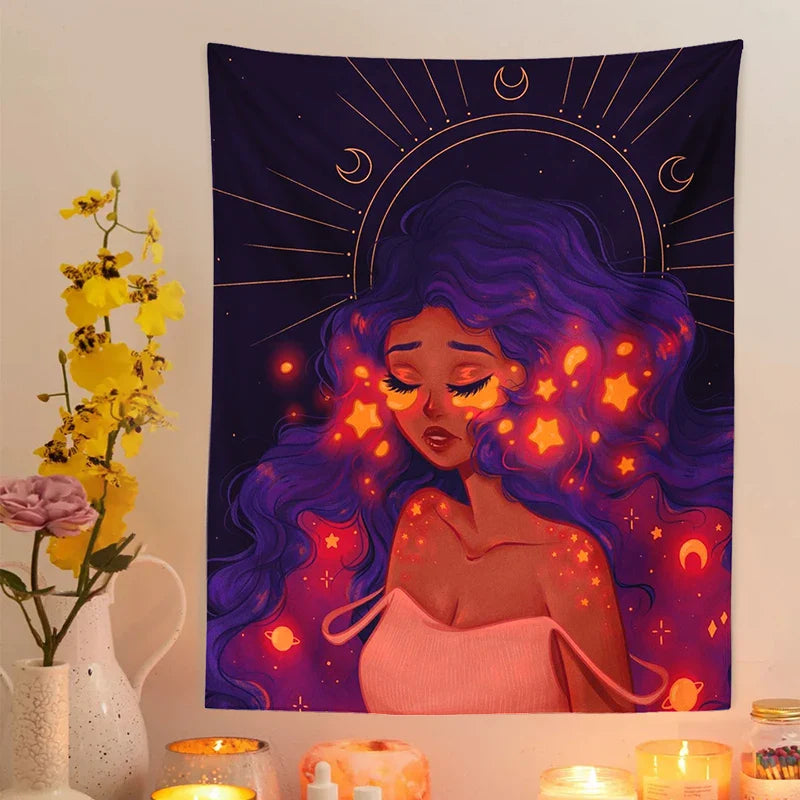 Afralia™ Moonlit Girl Tapestry: Luminous Sky Boho Wall Decor