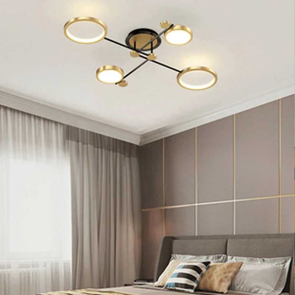 Afralia™ Modern LED Chandelier Gold Black Ceiling Light Dimmable Remote Control Nordic Style