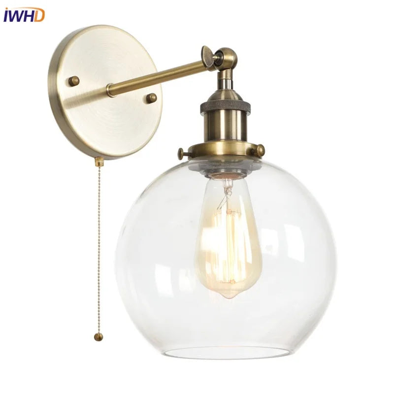 Afralia™ Vintage Glass LED Wall Sconce Iron Pull Chain Switch Light